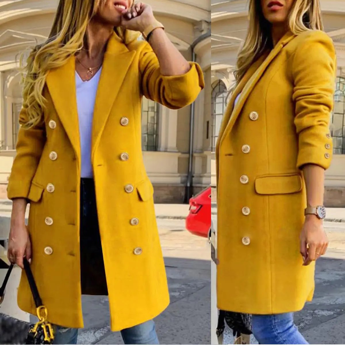 Women's Fitted Slim-Fit Long-Sleeve Double-Breasted Wool-Blend Midi Peacoat for Fall Winter💗