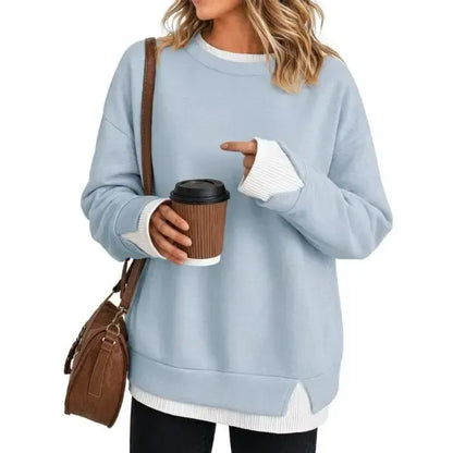 Women Crew Neck Fake Two Piece Striped Patchwork Drop Shoulder Oversized Sweatshirt