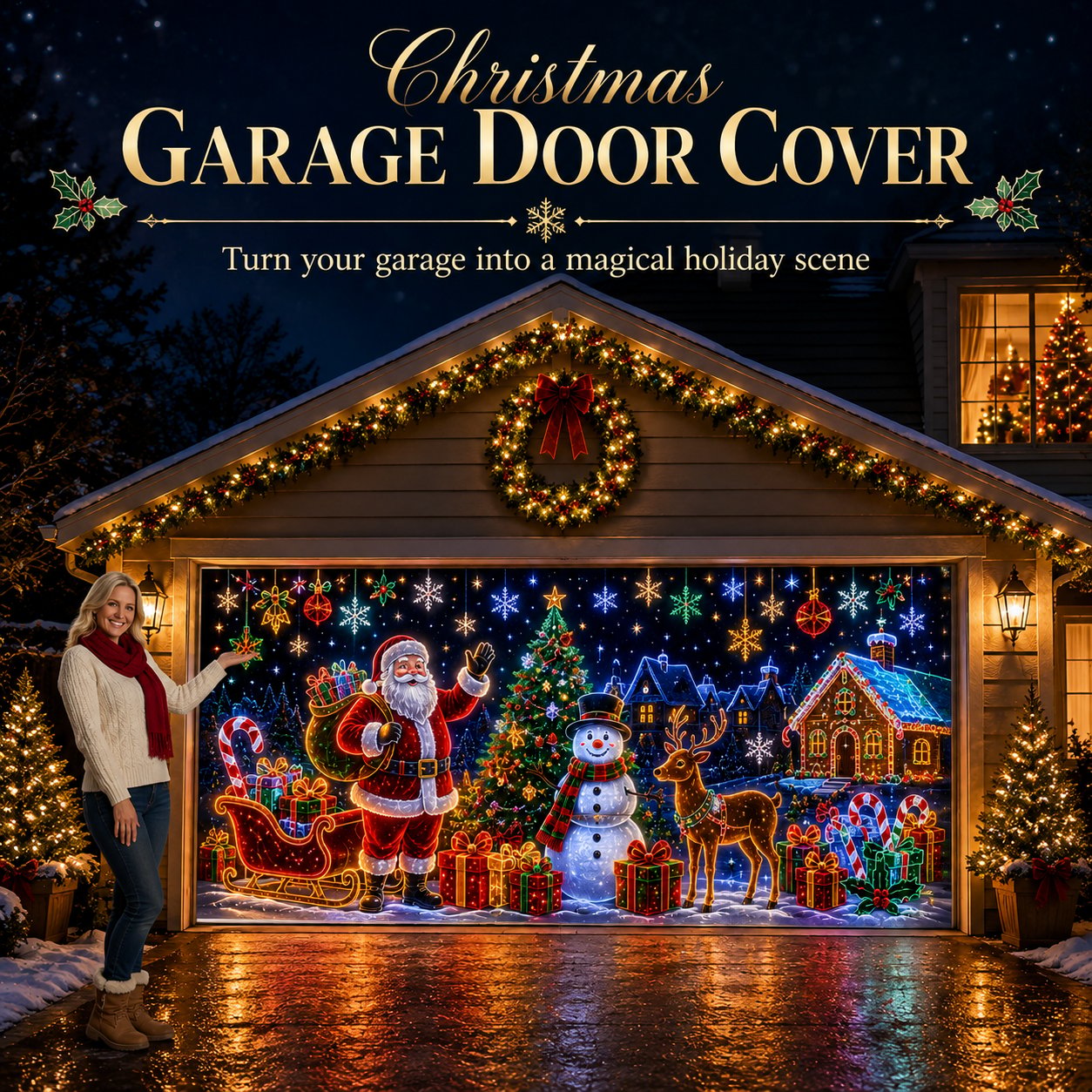 ⏳ Last Day 49% OFF – 🎄Oversized Christmas Wonderland Garage Door Cover | Neon-Inspired Santa Village Artwork with Snowman, Reindeer, Tree & Gingerbread House Details ✨