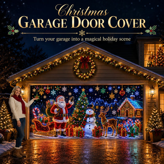 ⏳ Last Day 49% OFF – 🎄Oversized Christmas Wonderland Garage Door Cover | Neon-Inspired Santa Village Artwork with Snowman, Reindeer, Tree & Gingerbread House Details ✨