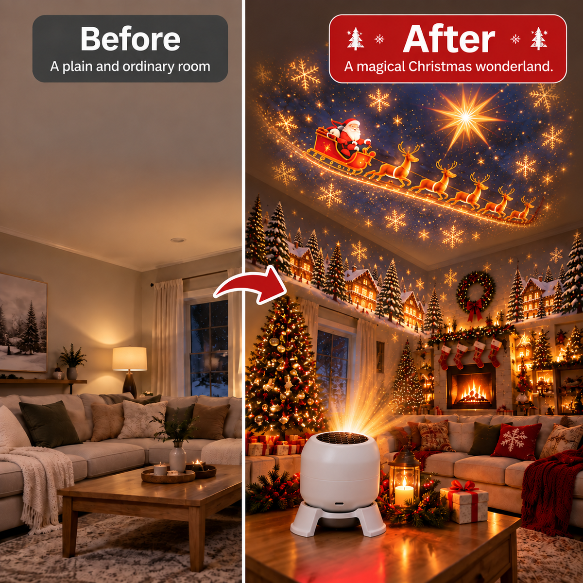 Christmas projection before and after