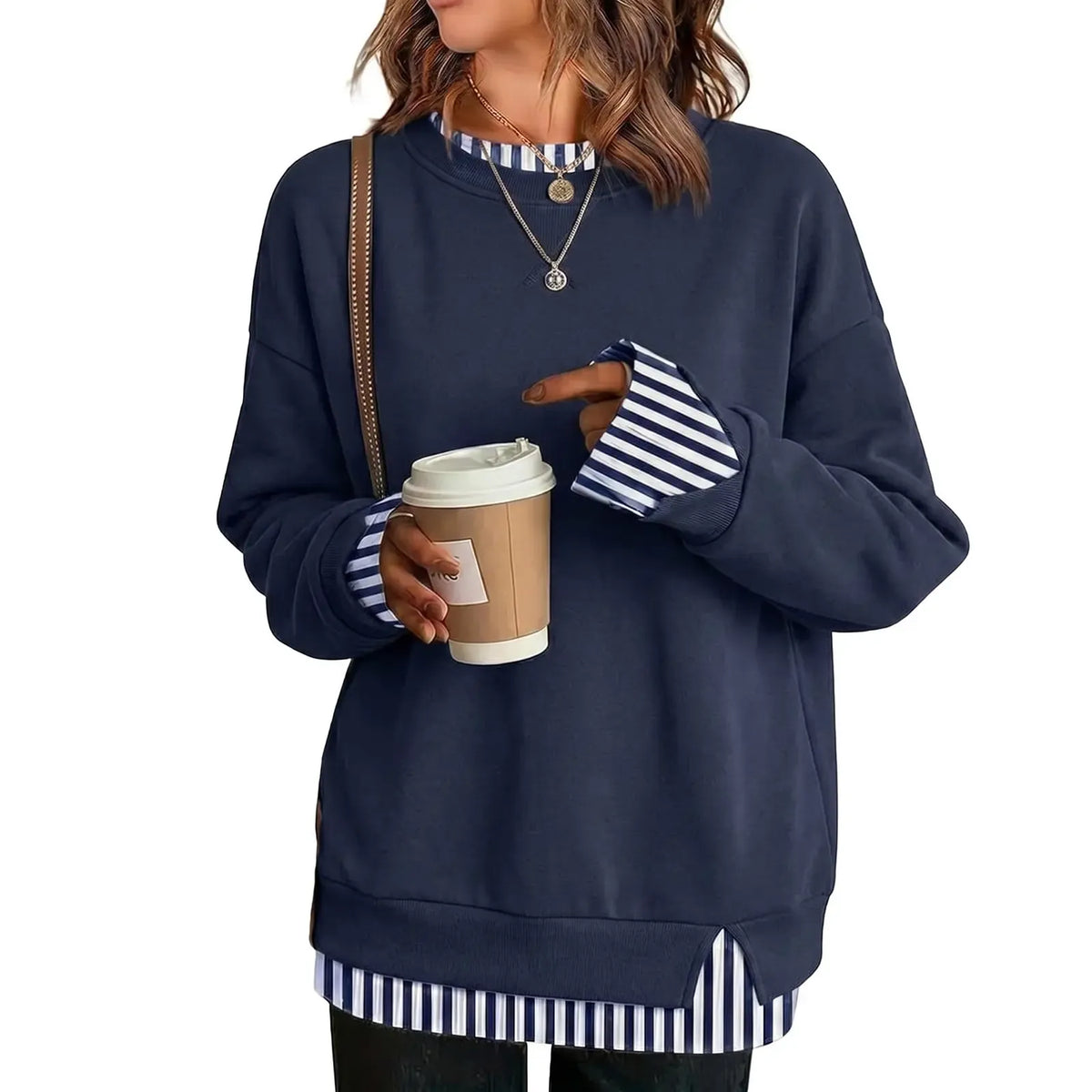 Women Crew Neck Fake Two Piece Striped Patchwork Drop Shoulder Oversized Sweatshirt in navy stripe