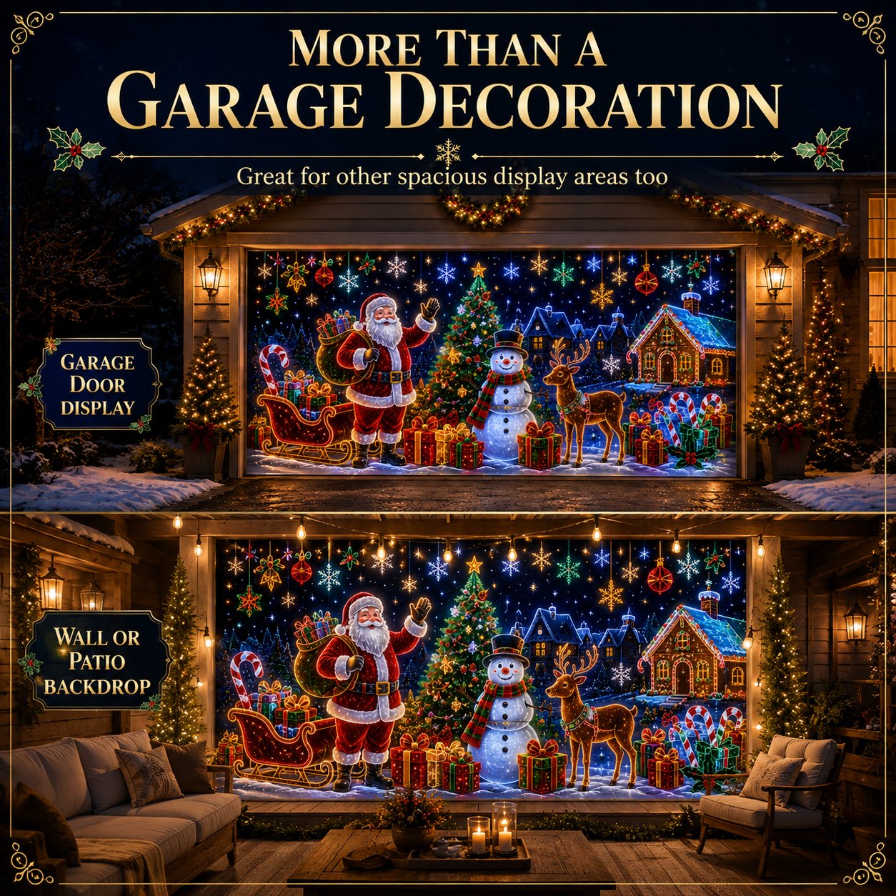 ⏳ Last Day 49% OFF – 🎄Oversized Christmas Wonderland Garage Door Cover | Neon-Inspired Santa Village Artwork with Snowman, Reindeer, Tree & Gingerbread House Details ✨