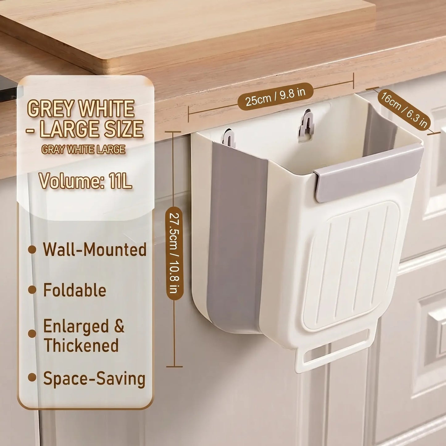 🥗Kitchen Essentials 🔪Foldable Hanging Trash Can Grey 1.6 Gallon