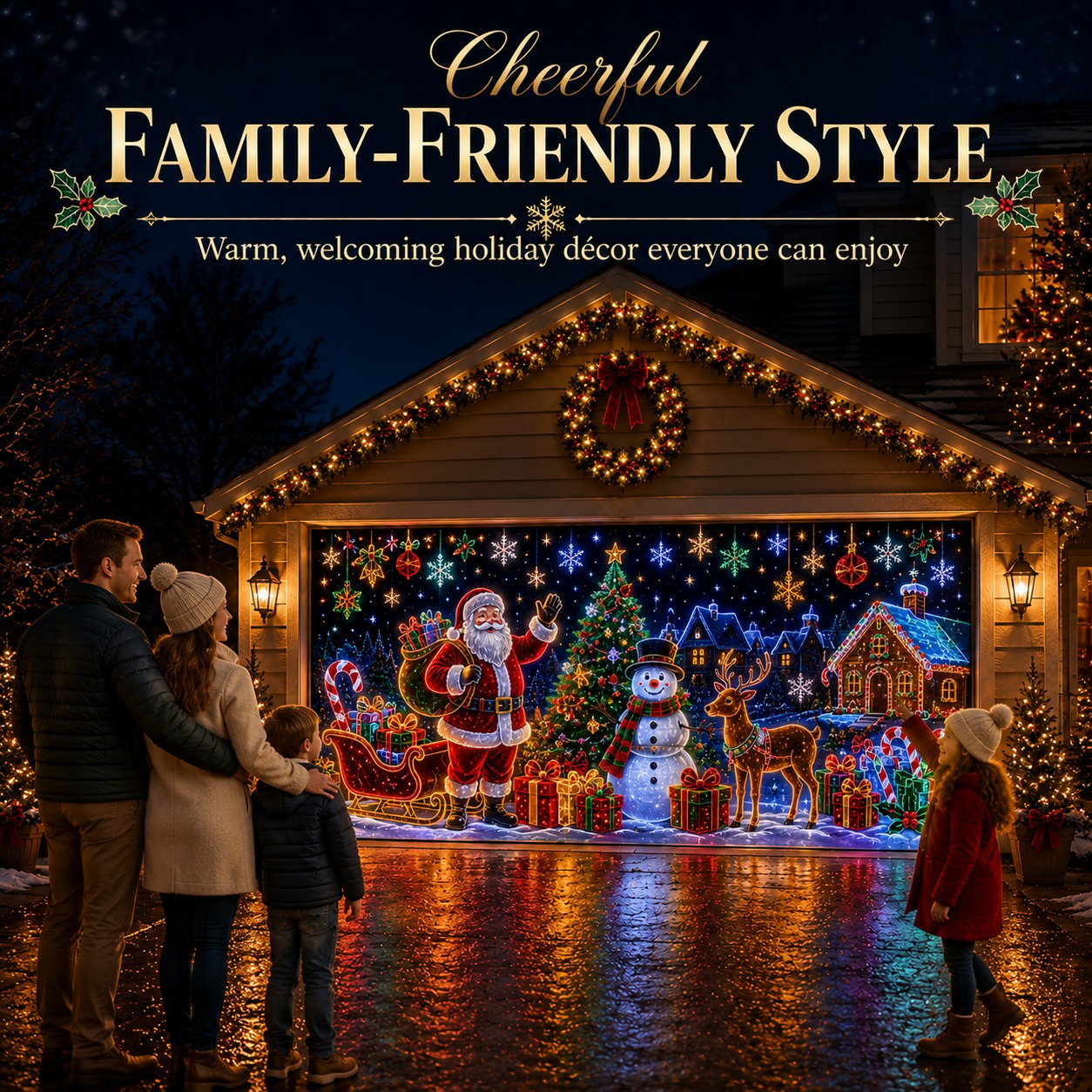 ⏳ Last Day 49% OFF – 🎄Oversized Christmas Wonderland Garage Door Cover | Neon-Inspired Santa Village Artwork with Snowman, Reindeer, Tree & Gingerbread House Details ✨