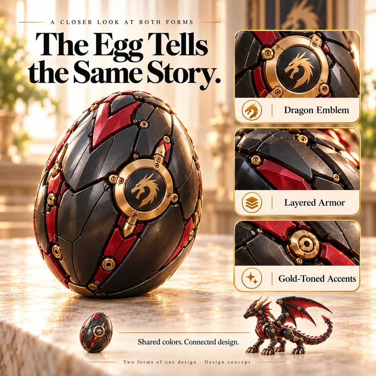 🔥last Day 70% Off -🐉 Mechanical Dragon Egg – Black & Crimson Dragon With Folding Wings & Armored Details