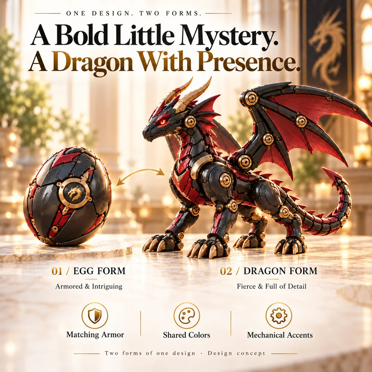 🔥last Day 70% Off -🐉 Mechanical Dragon Egg – Black & Crimson Dragon With Folding Wings & Armored Details