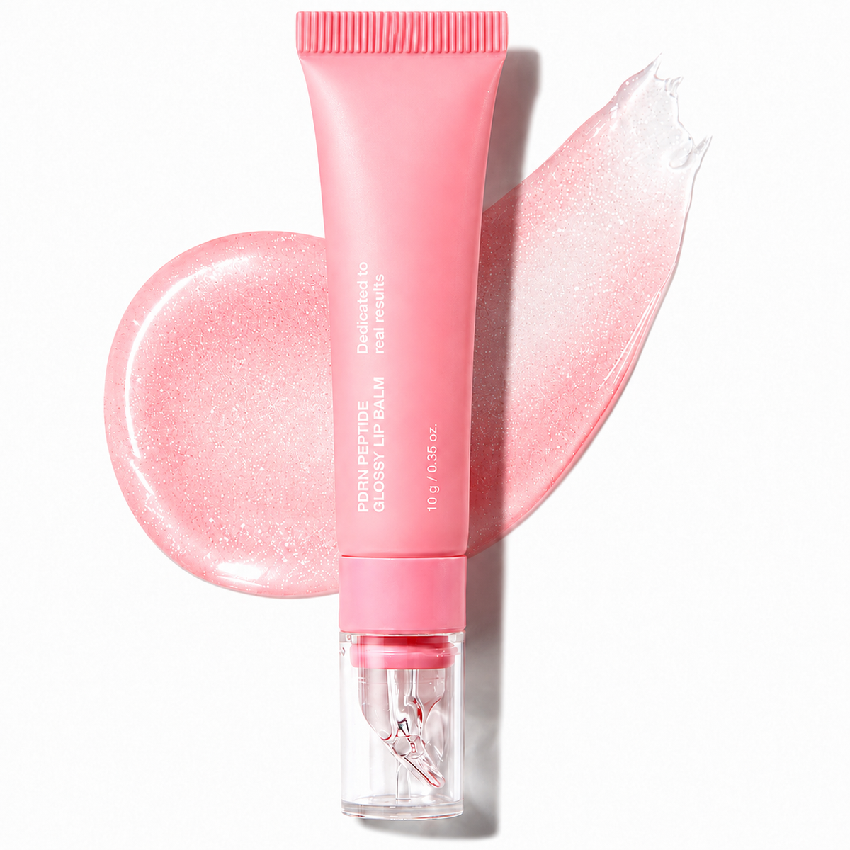 Trovehand Peptide Glossy Lip Balm with pink gloss swatches