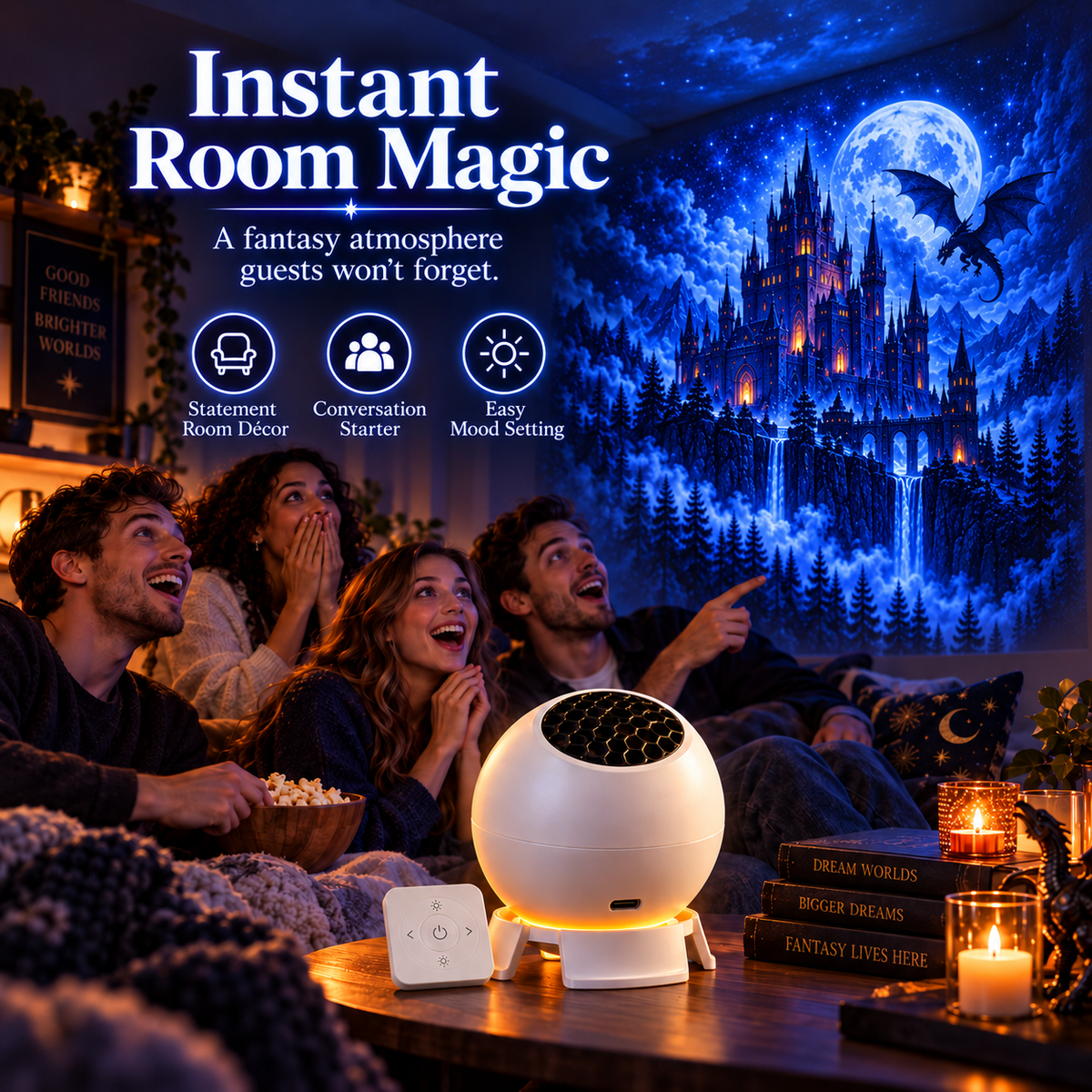 Friends enjoying fantasy dragon room projection