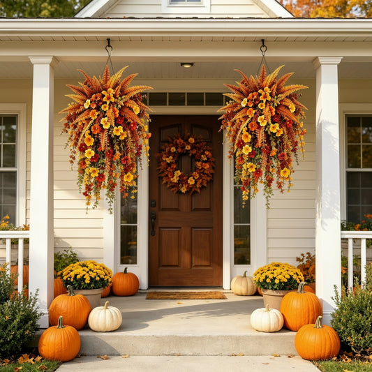 🍂 ARTIFICIAL FALL HARVEST HANGING BASKET - AUTUMN PORCH & DOOR DECORATION