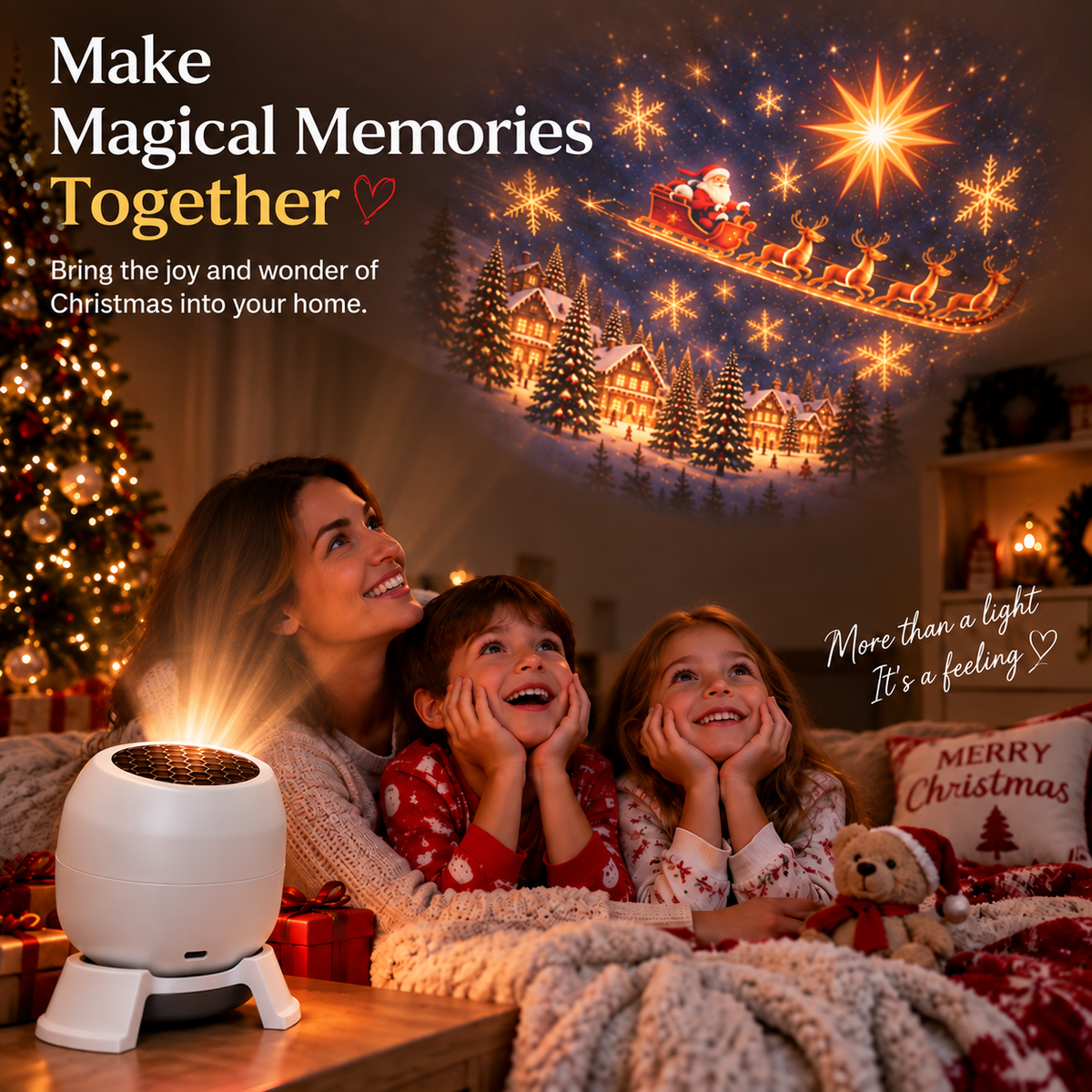 Family enjoying Christmas projection light