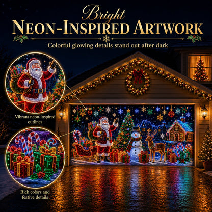 ⏳ Last Day 49% OFF – 🎄Oversized Christmas Wonderland Garage Door Cover | Neon-Inspired Santa Village Artwork with Snowman, Reindeer, Tree & Gingerbread House Details ✨